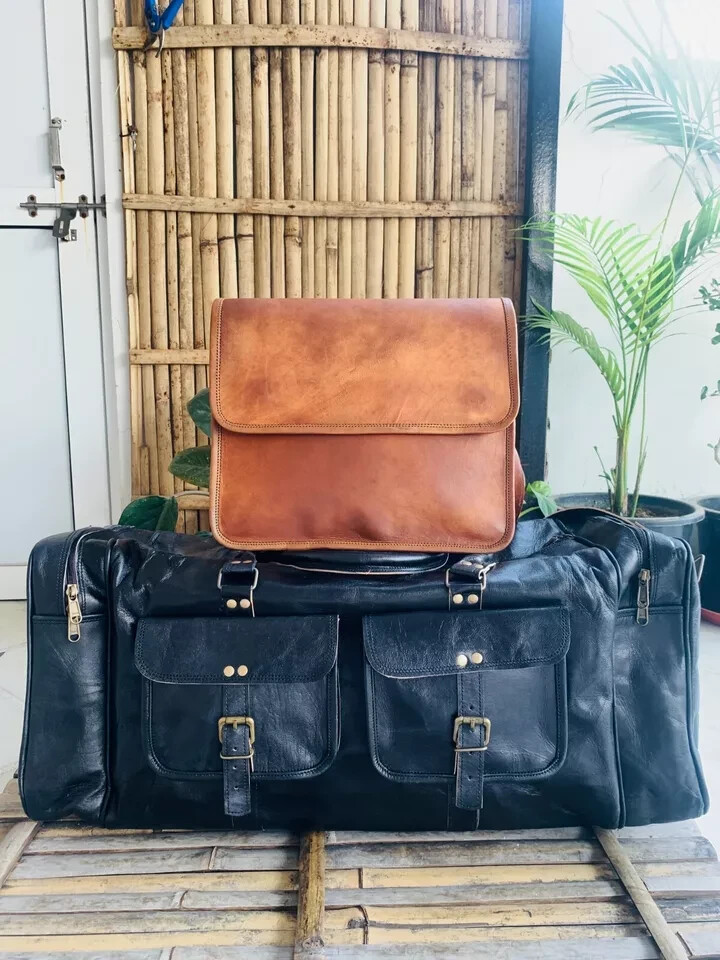 Leather Bag Travel Duffel 30'' Luggage Black Weekender limited time offer