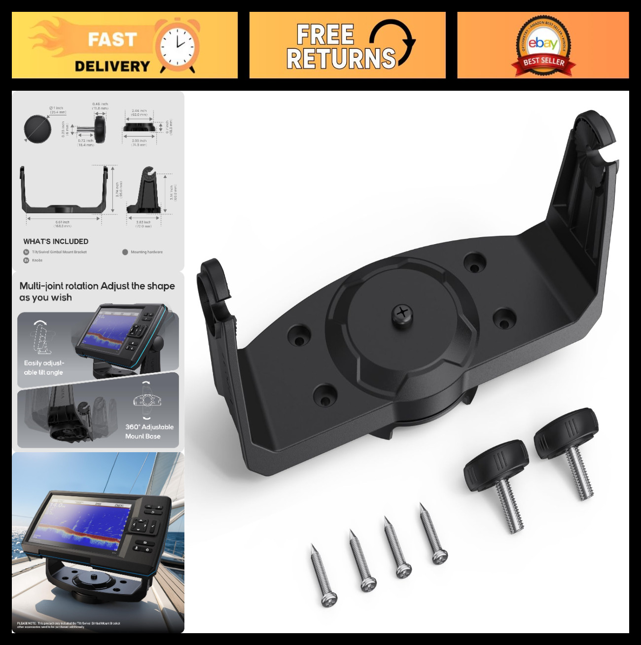 Fish Finder Mount Bracket with Tilt/Swivel Gimbal & Knobs for Garmin 5" 7" Model