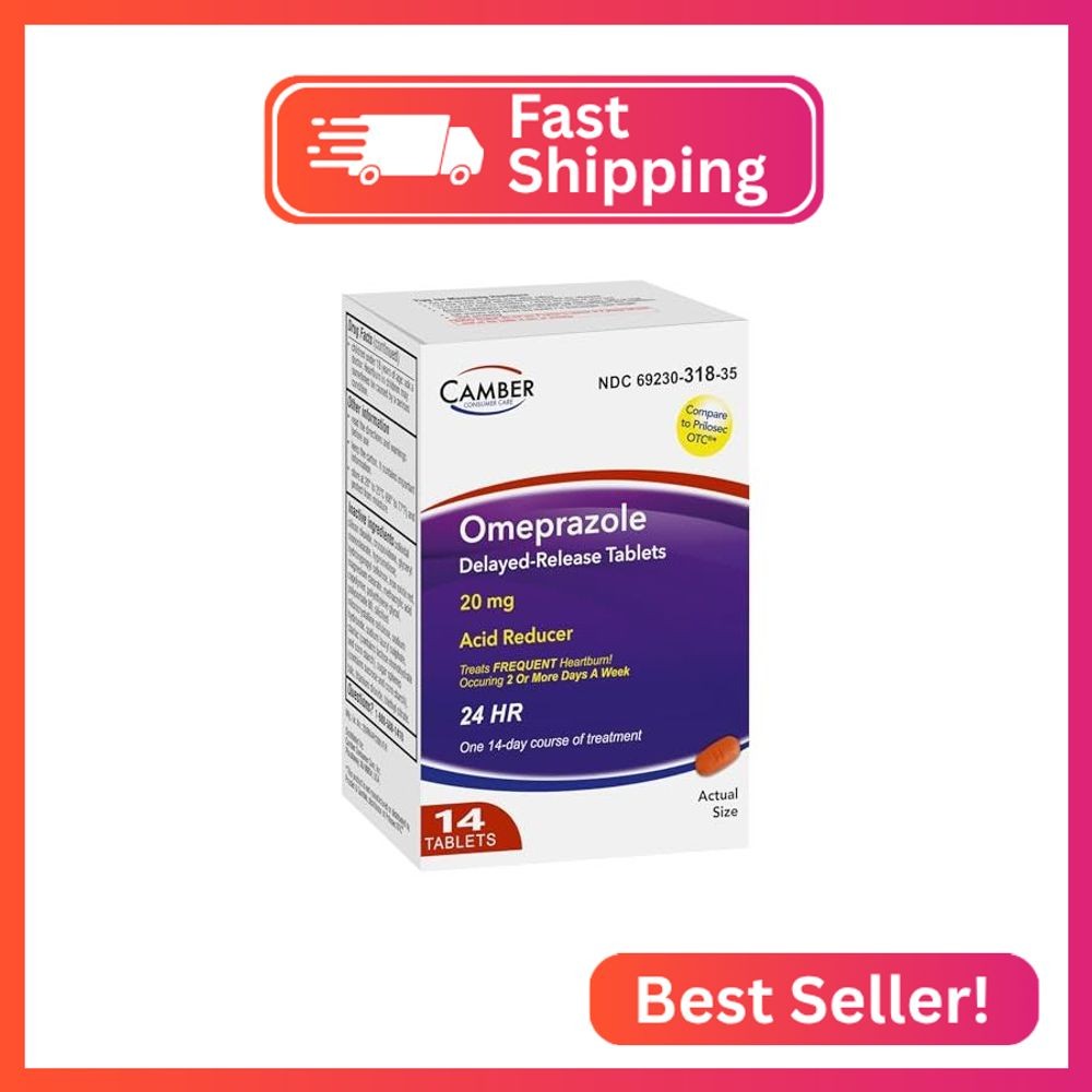 Camber Omeprazole Tablets, Delayed-Release Tablets, 20mg Acid Reducer, 14 Tablet