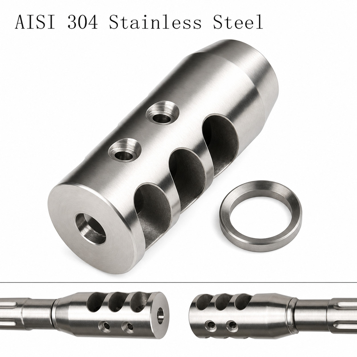 Stainless Steel 5/8x24 Thread .308 Competition Muzzle Brake With Washer