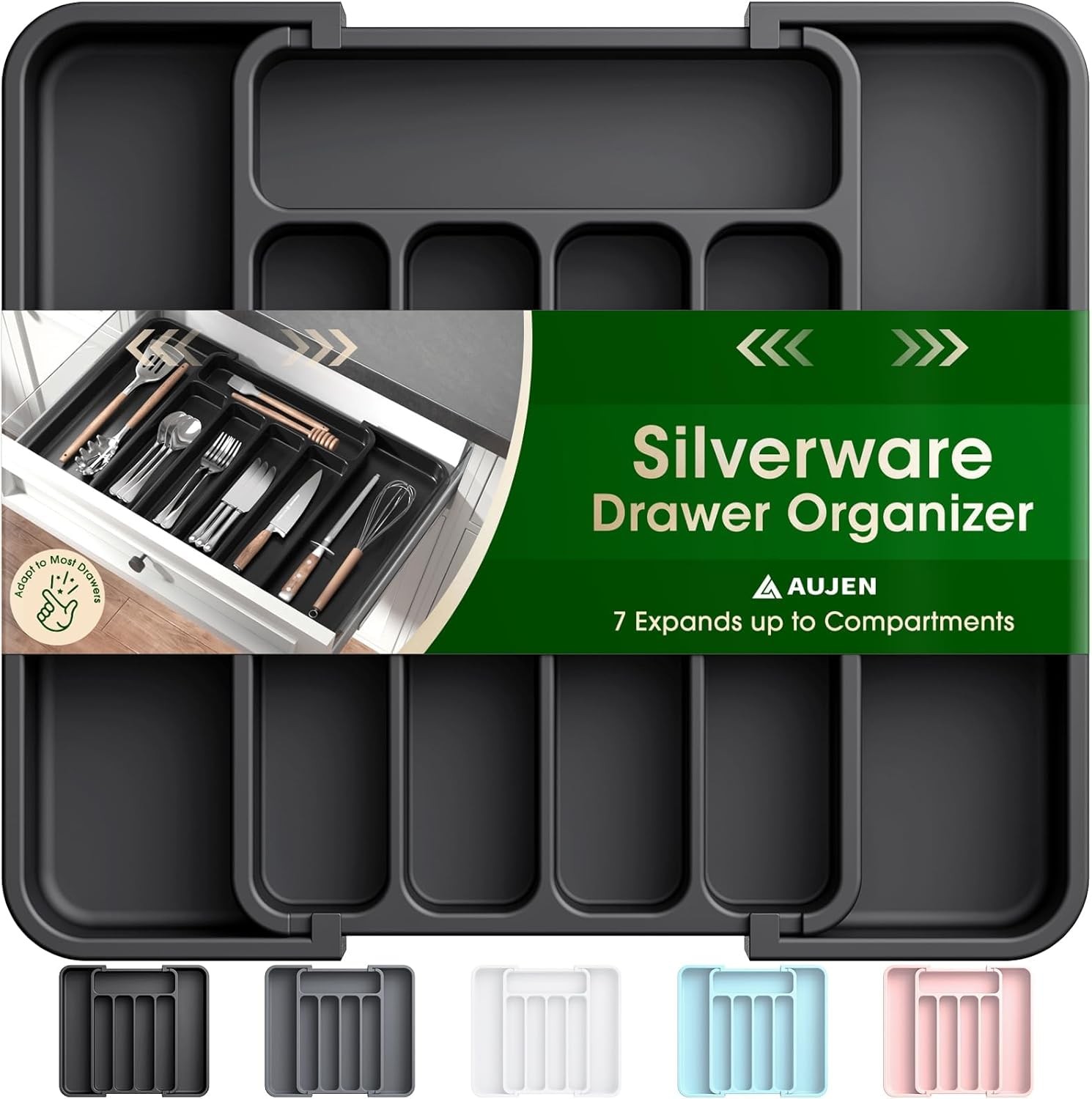 Aujen Silverware Organizer - Expandable Kitchen Drawer Organizer, Adjustable Ute