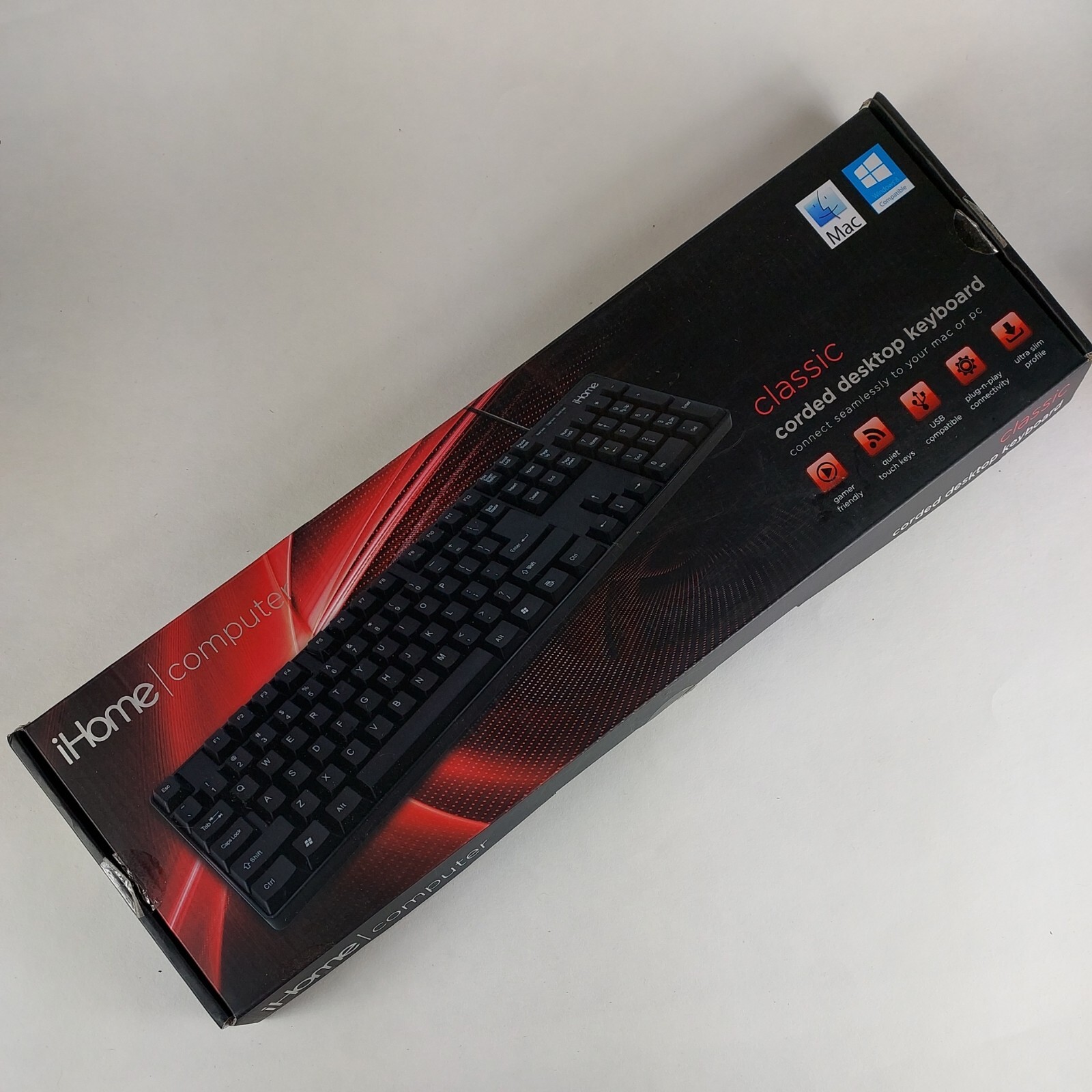 iHome IH-K301 Classic Corded Quiet Touch Slim Full Size USB Desktop Keyboard