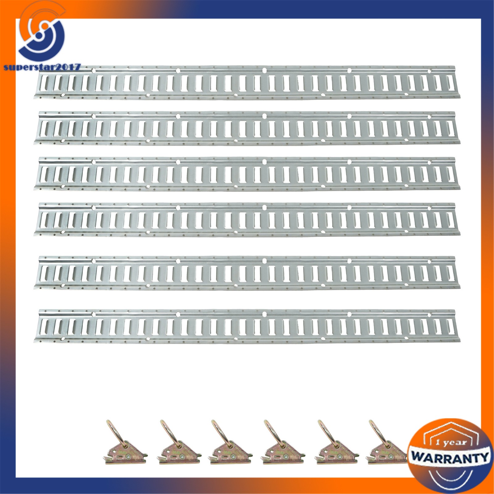 12PCS E-Track Tie-Down Rail Kit 6x 5ft Silver Galvanized Rails 6 O-Ring Anchors