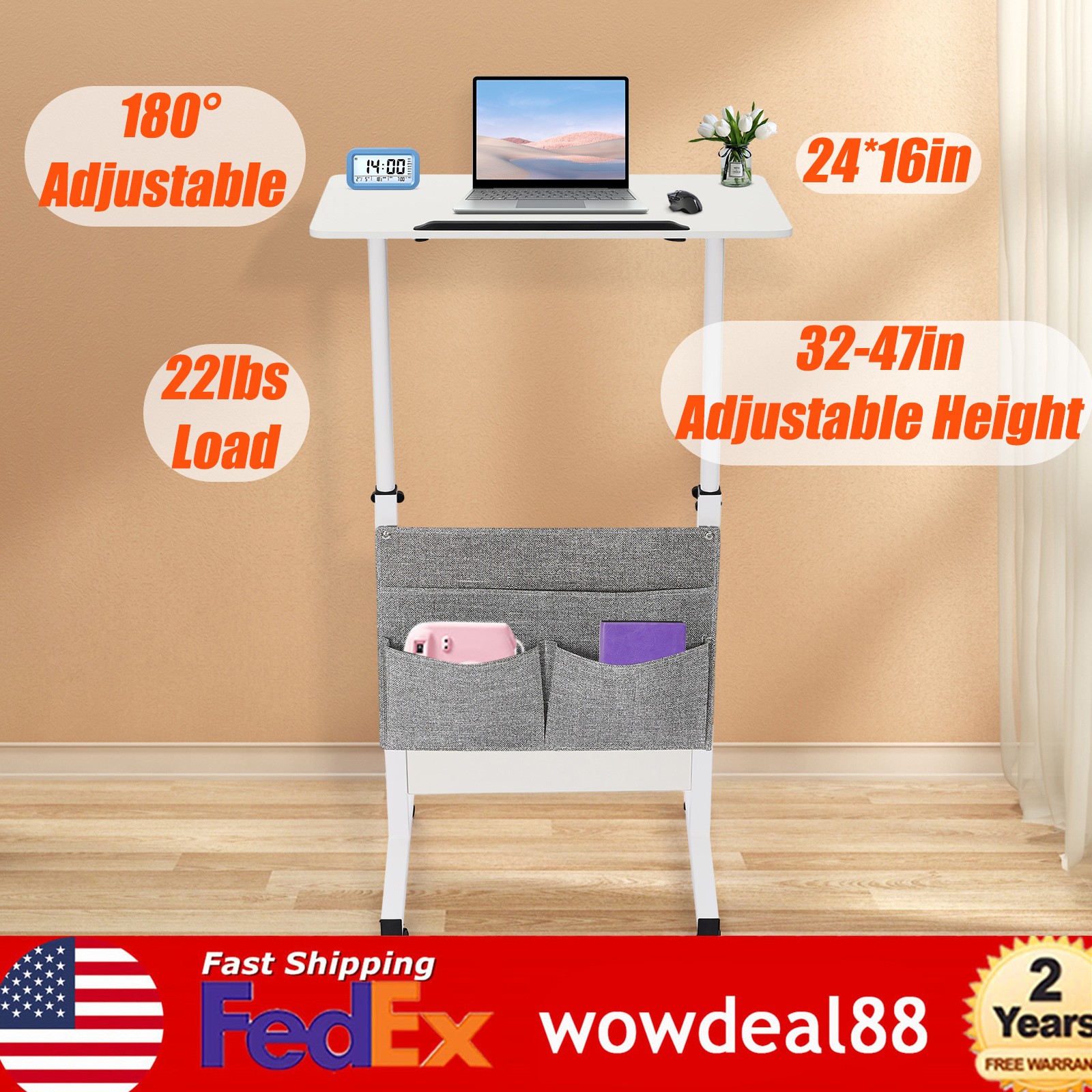 Rolling Laptop Desk Office Table Adjustable Height Stand up w/ Storage