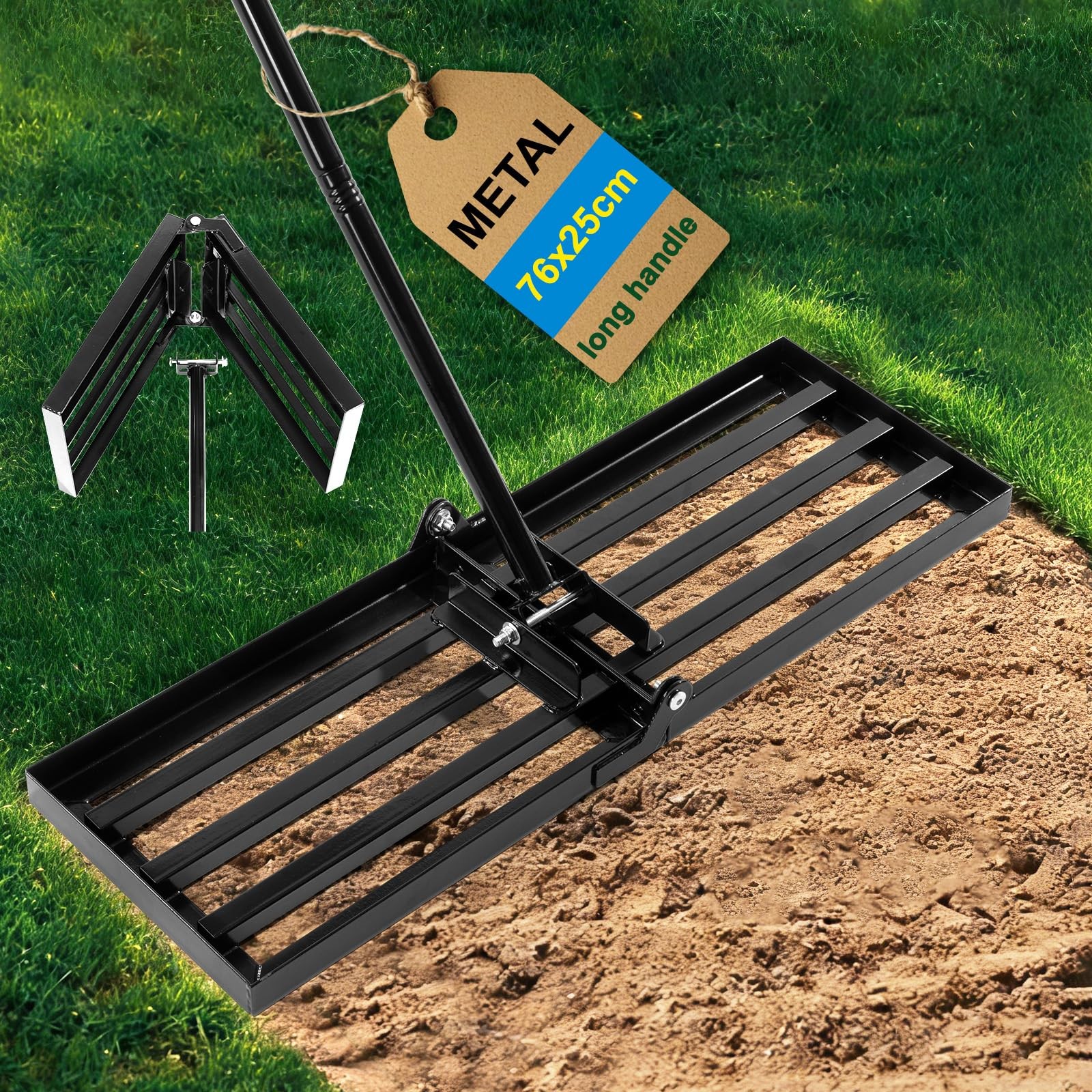 Lawn Leveling Rake, Foldable Leveling Rake with 72inch Adjustable Long Handle...