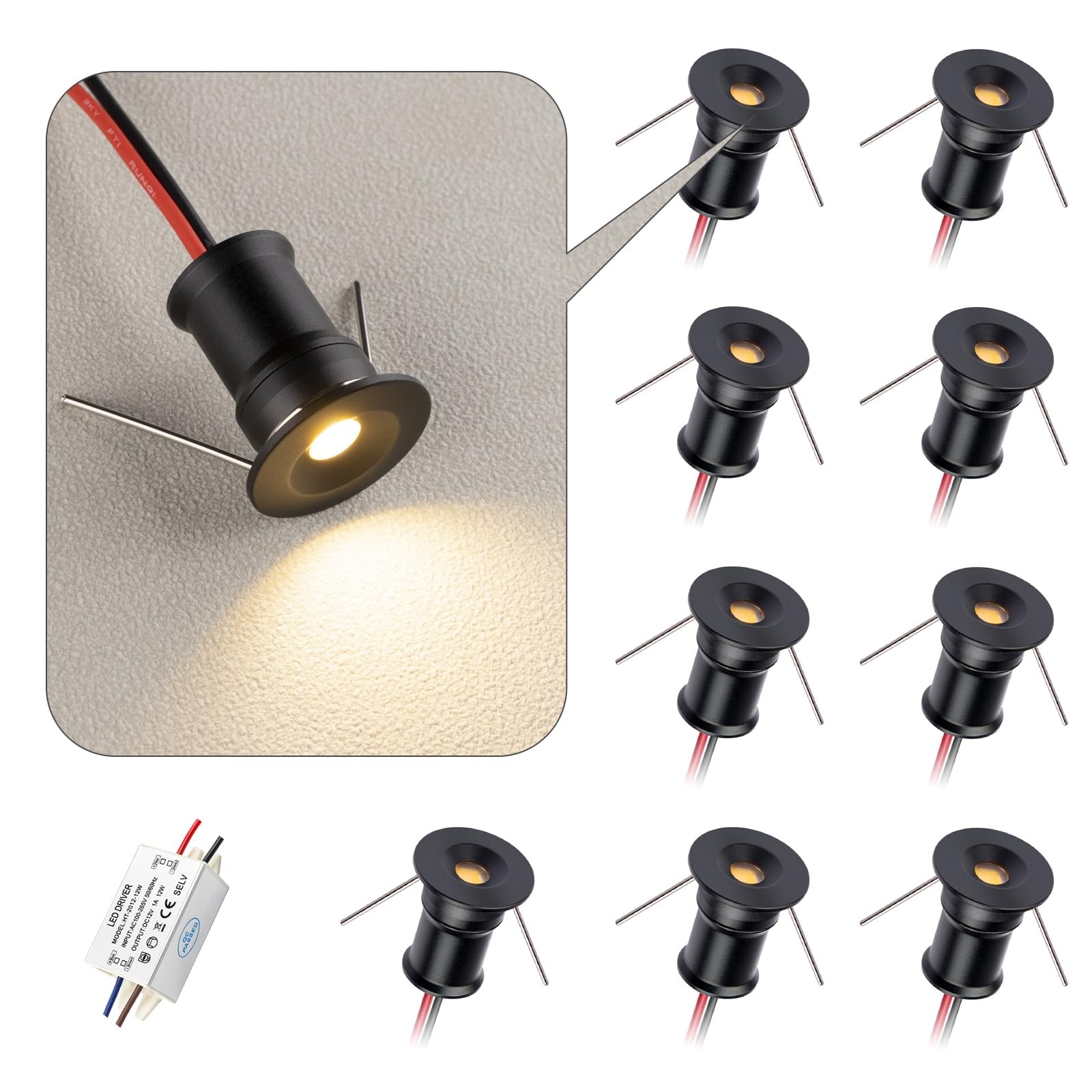 9 Pack Black 902 Mini LED Spotlight DC12V 1W 3000K Embedded Cabinet Light