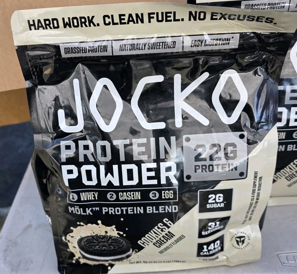 Jocko Fuel Mölk Whey Protein Powder in the Cookies & Cream flavor BB 05/2026