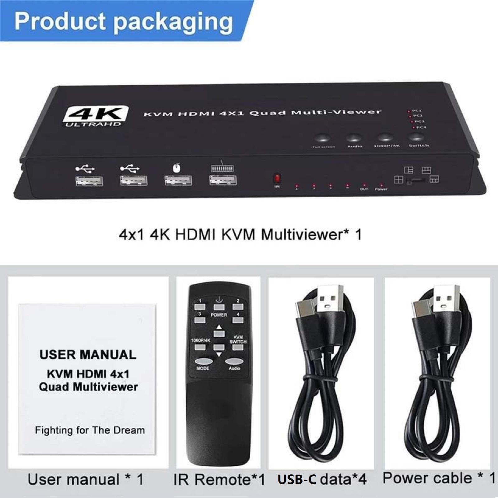 Hotkey 4K 4x1 KVM HDMI Quad Multi-Viewer Display Switch Vedio Wall Controller