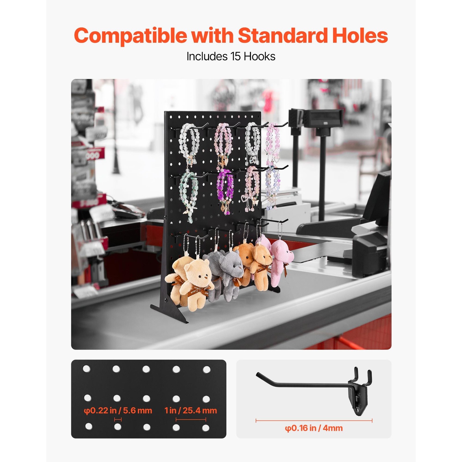 Tabletop Pegboard Stand: Cold-Rolled Steel, 15 Hooks, Black
