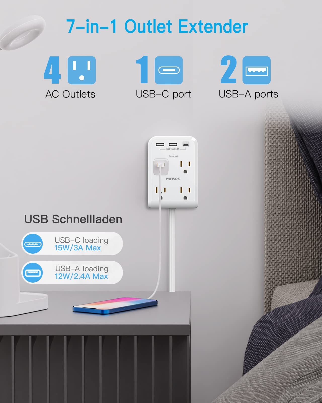 Surge Protector Power Strip, Outlet Extender Stick with USB C 4 FT, White