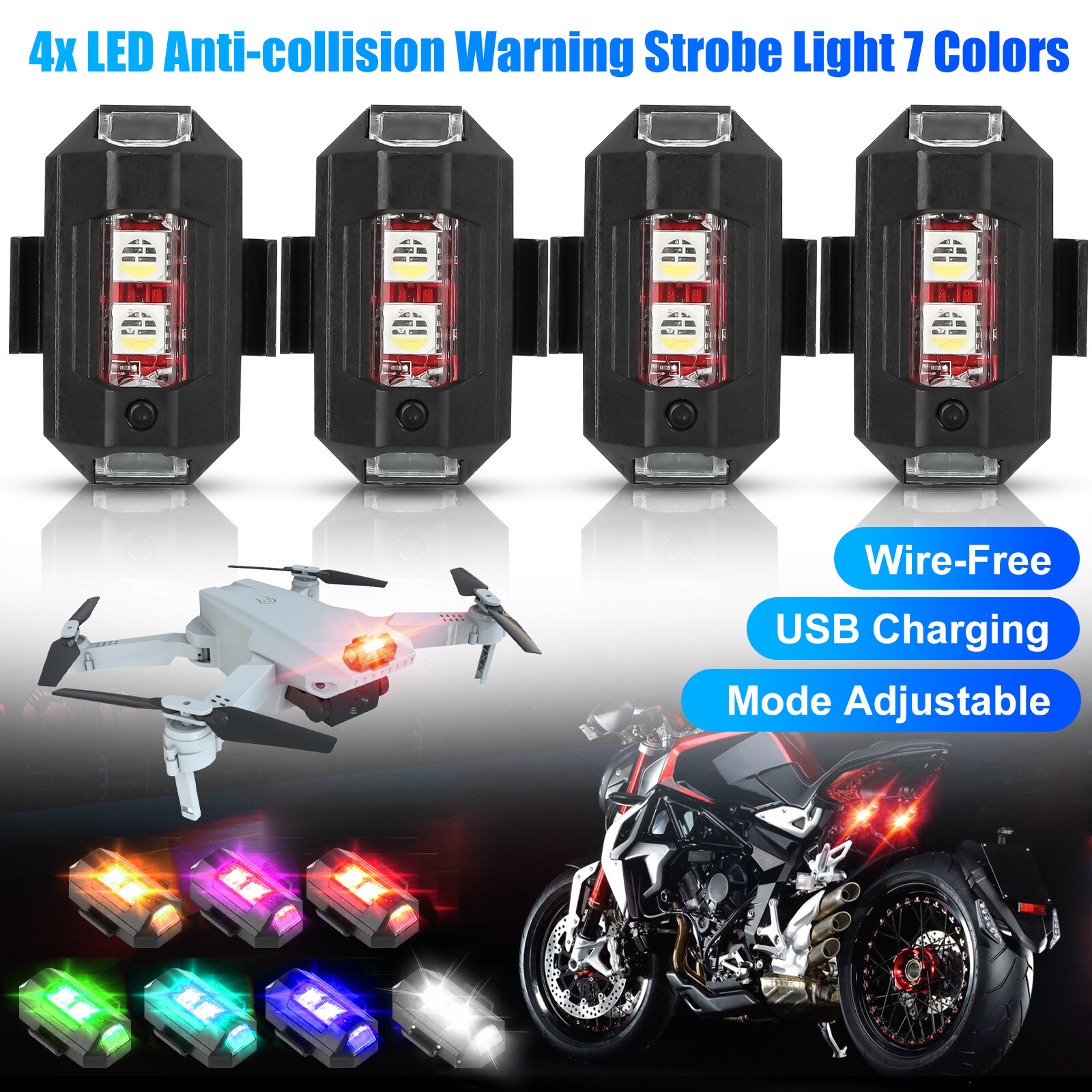4Pcs/Set Drone Warning Strobe Lights LED Anti-collision 7 Colors USB Chargeable