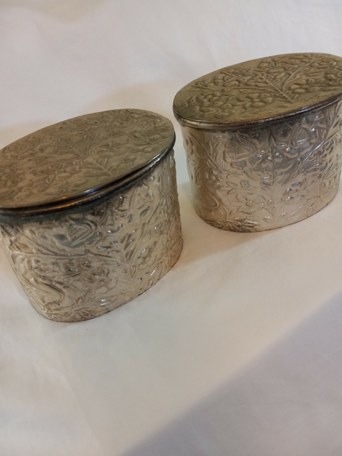 Two Oval Metal Decorative Trinket Boxes Rustic With Lids