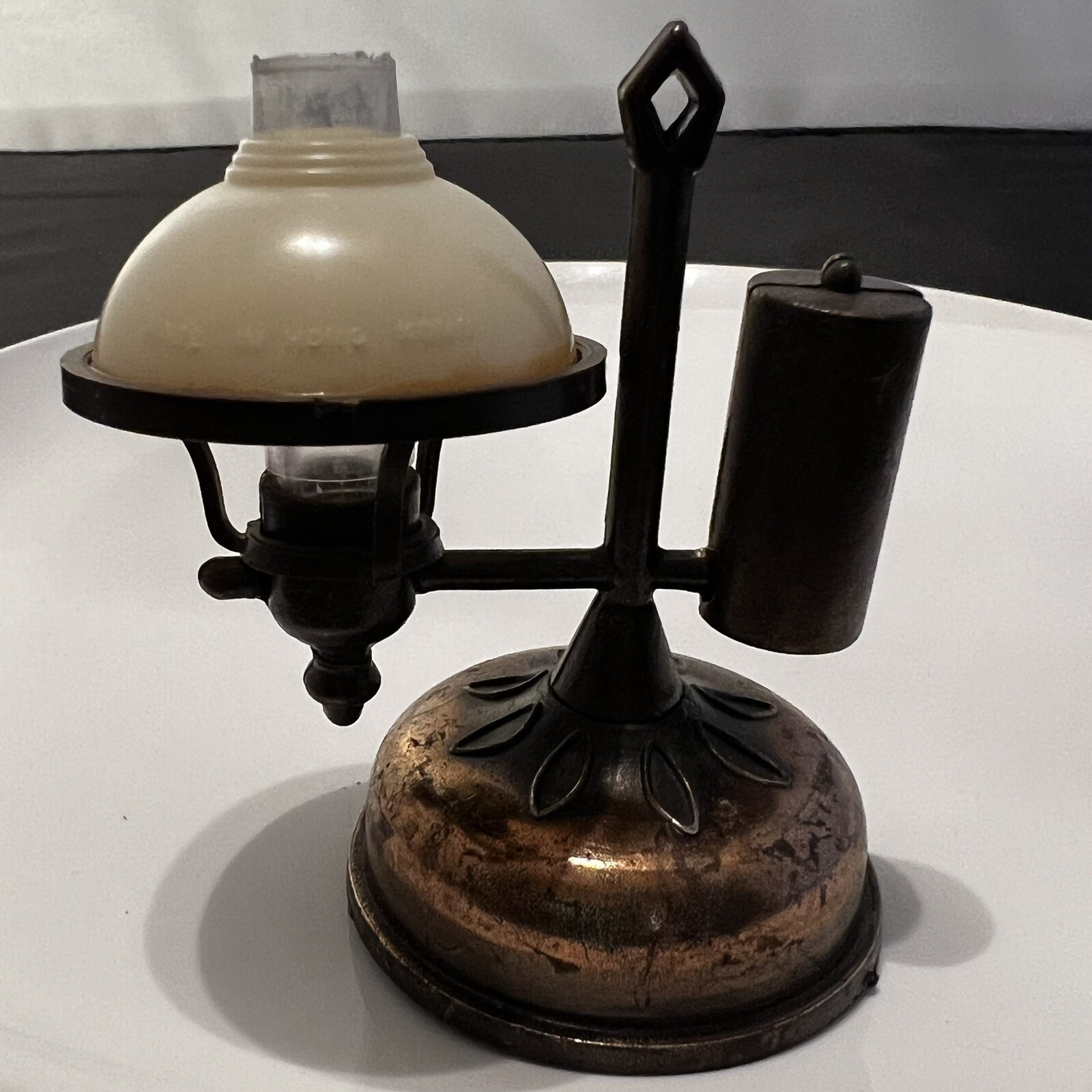 Vintage Desk Mini Play Me Copper Metal Pencil Sharpener Antique Hurricane Lamp