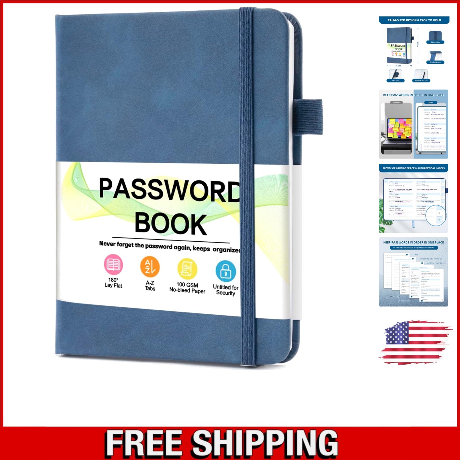 Discreet 4.3"x5.7" Password Notebook for Seniors with Privacy Tabs - Dark Blue
