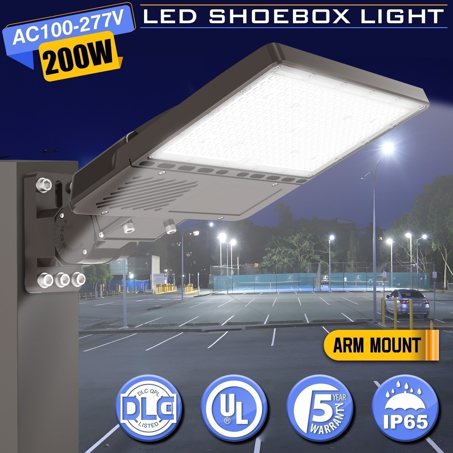 Arm Mount Shoebox LED Parking Lot Light 200W Dusk To Dawn Fixture Outdoor Lights