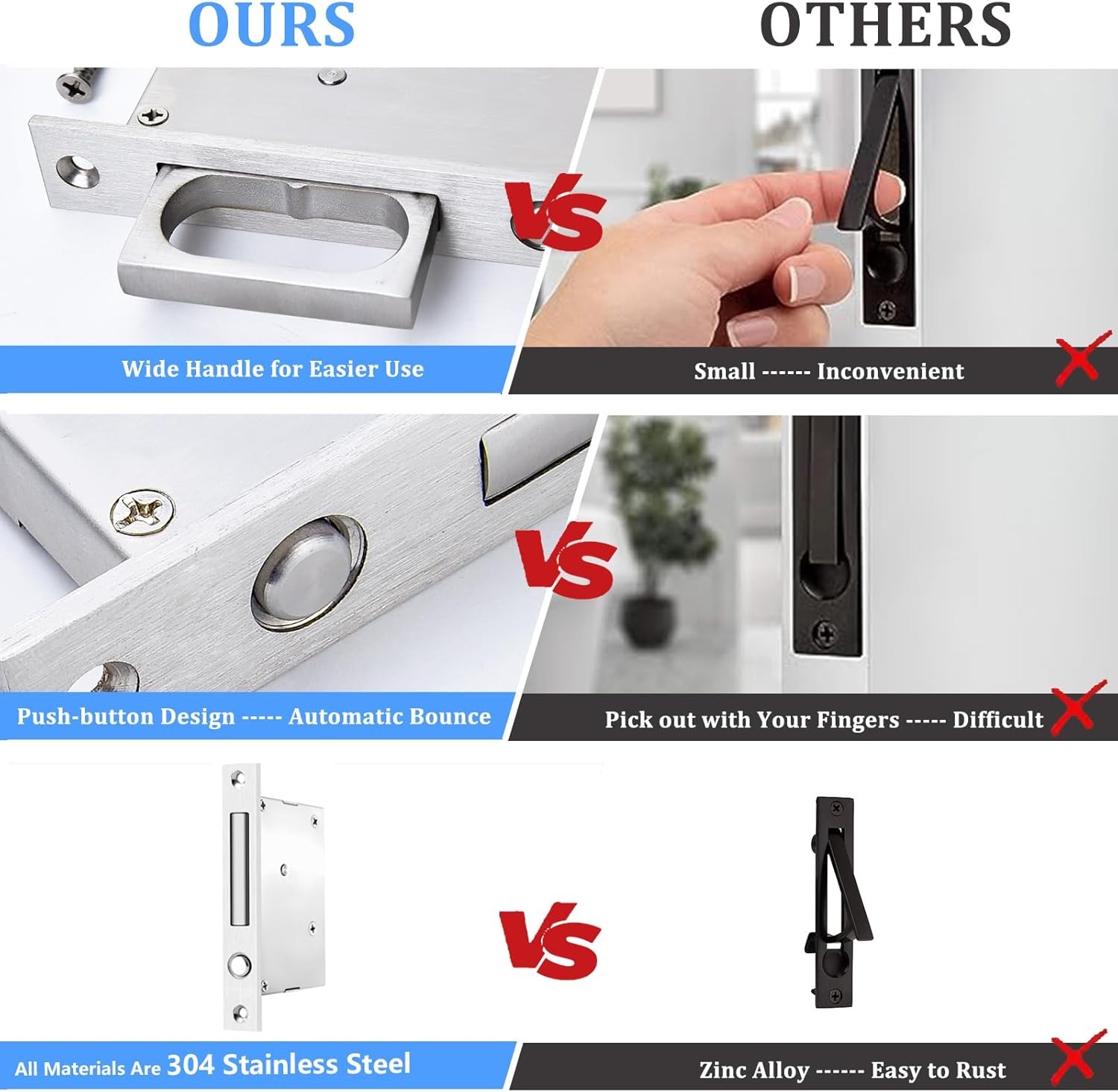 Dontay Pocket Door Handles with Large Auto Pop-Out Ring,Flush Hidden Edge Pull