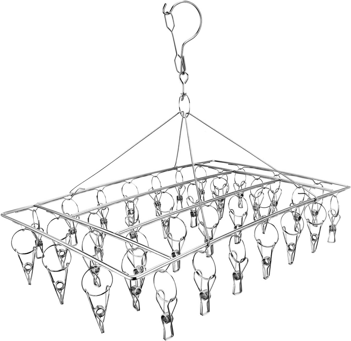 Wind-Proof Stainless Steel Sock Drying Rack with 36 Clips & Swivel Hook