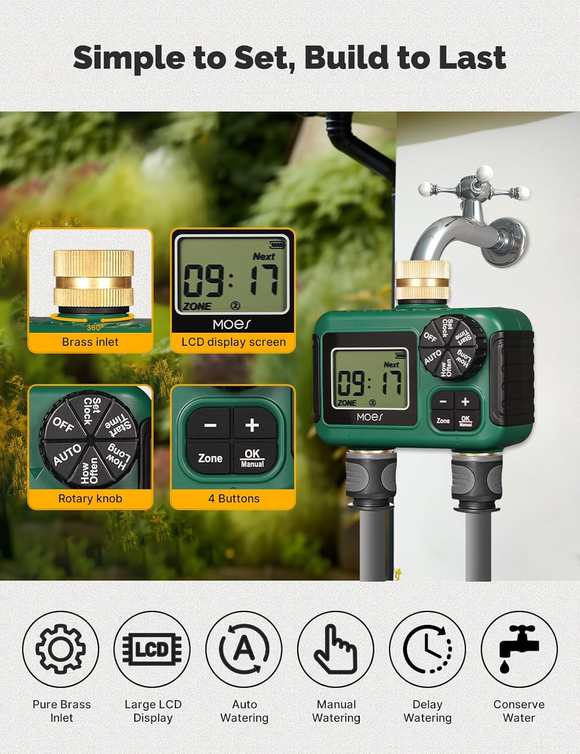 2 Zone Sprinkler Timer for Garden Hose,Brass Inlet &Outlet Water Timer | Program