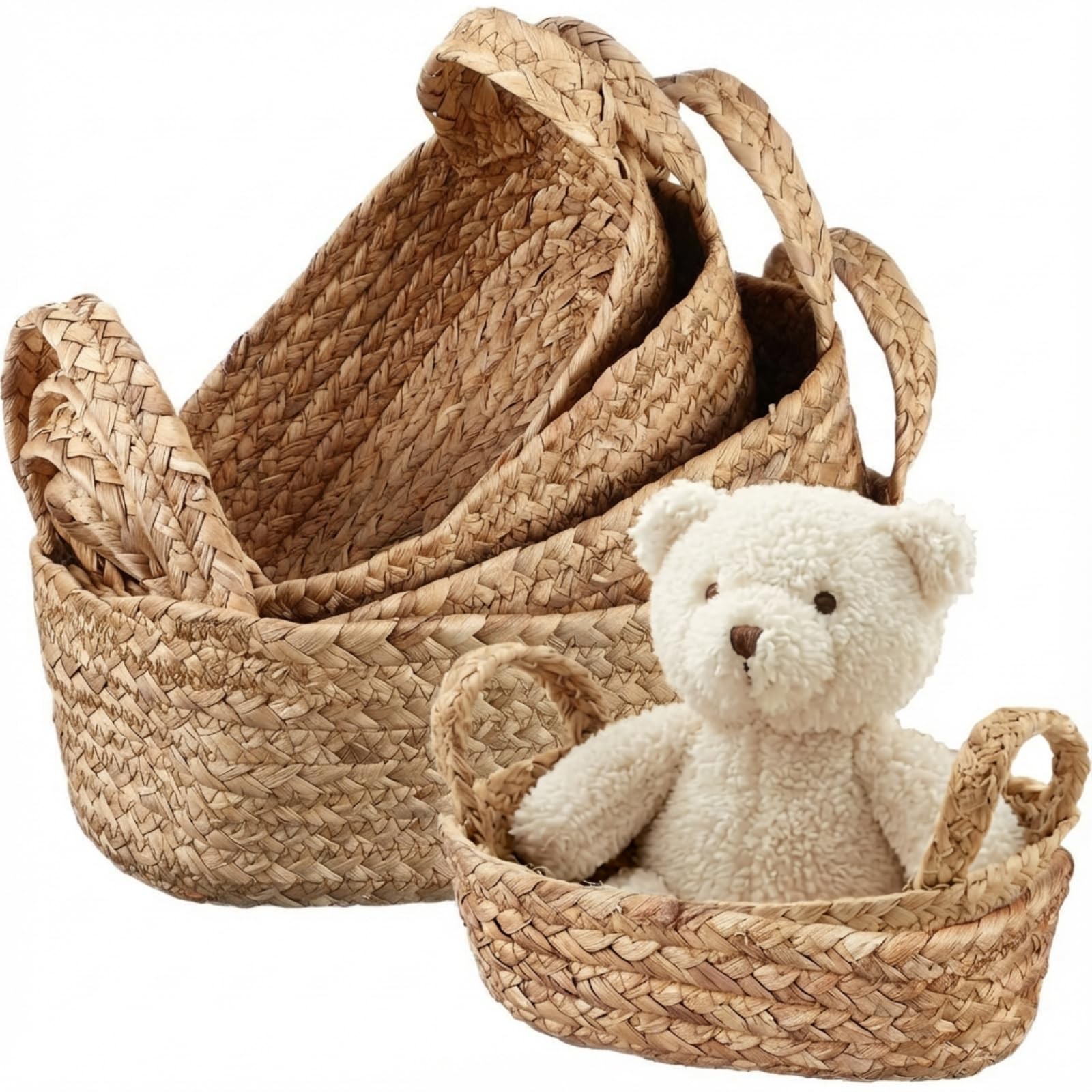 5 Pcs Natural Water Hyacinth Woven Storage Baskets Set with Handles Wicker St...