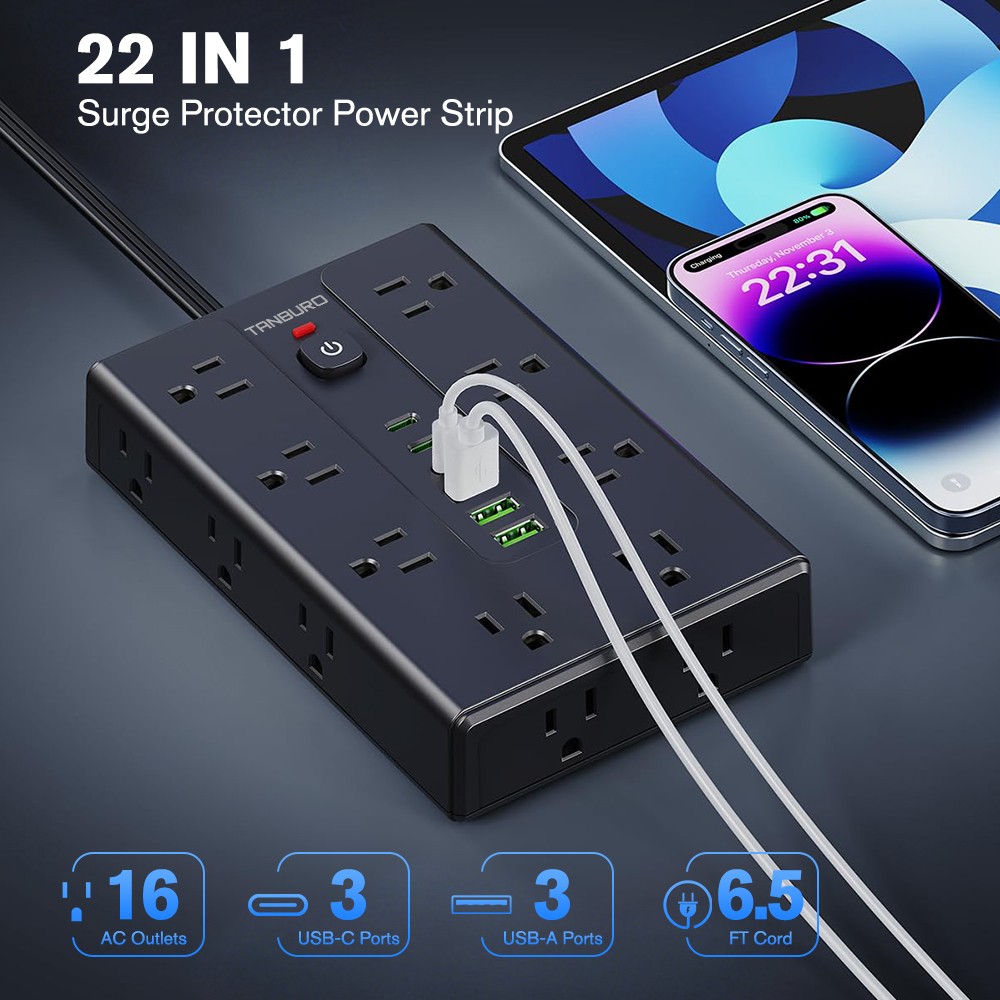Flat Plug Power Strip with 16 Outlet Extension Cord USB Port Surge Protector