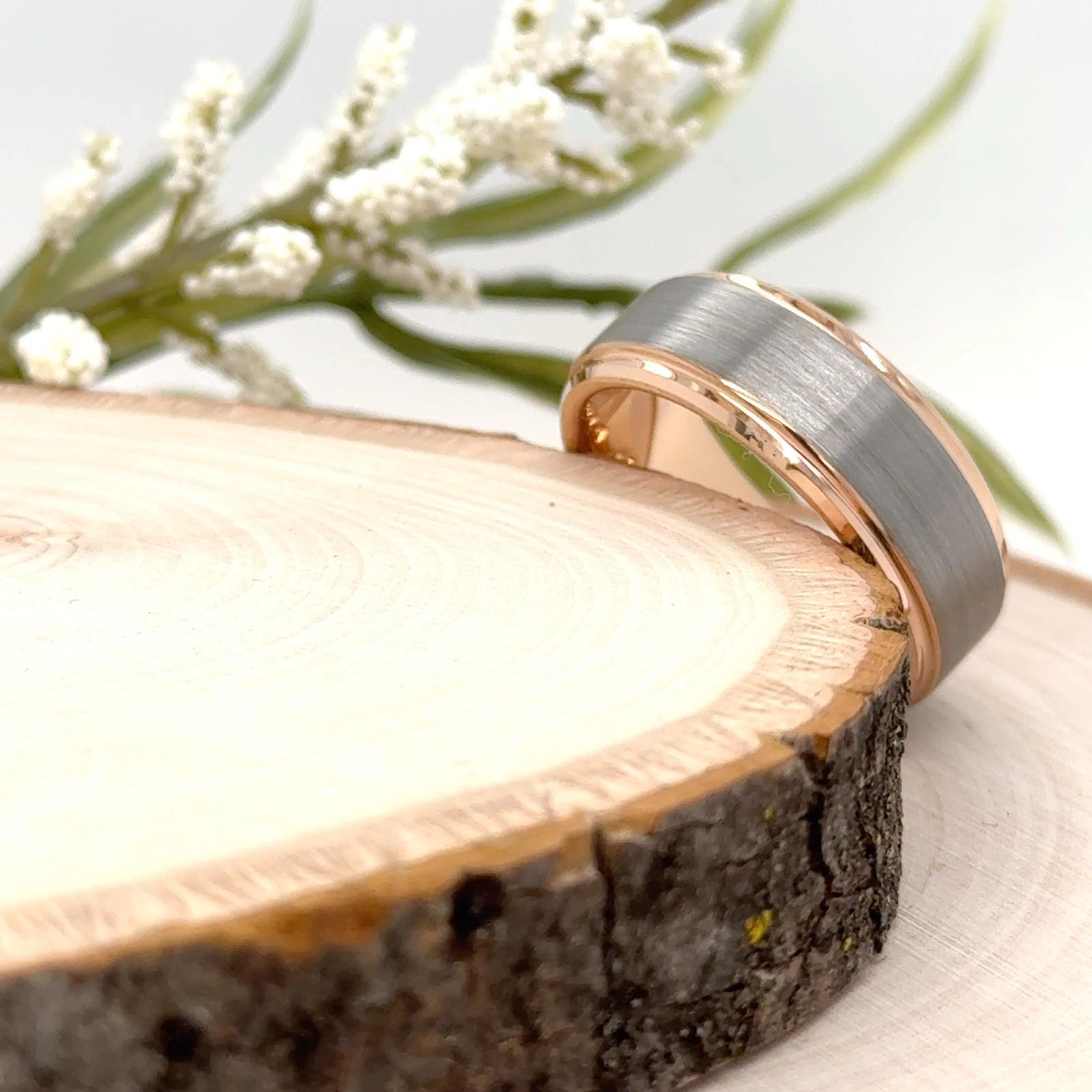 Polished Rose Gold Tungsten 8mm Ring Silver Brushed Finish Christmas Gifts Band