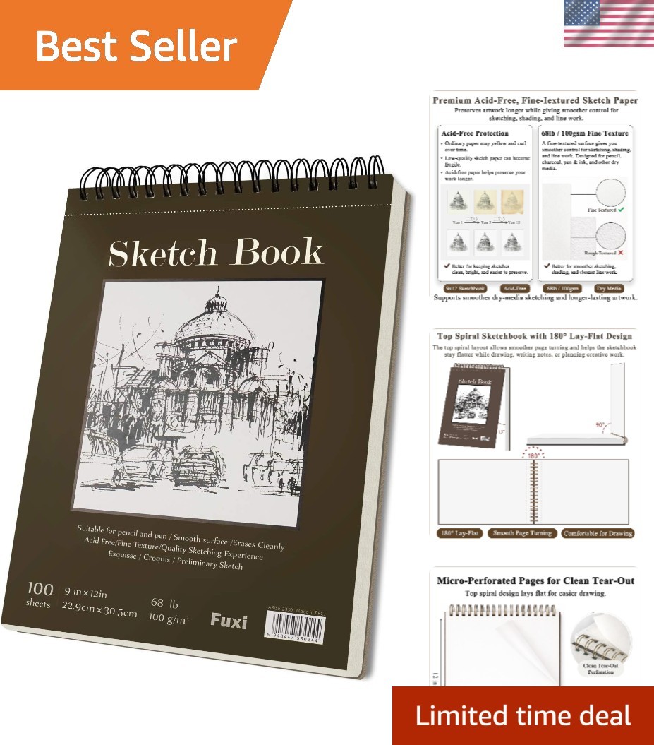 Elegant 9x12 Spiral Bound Sketchbook - 100 Sheets of Acid-Free Drawing Paper