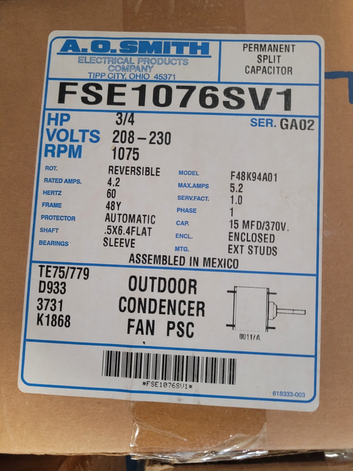 FSE1076SV1 3/4HP 208-230v 1075RPM 48Y Reversible Condenser Fan Motor