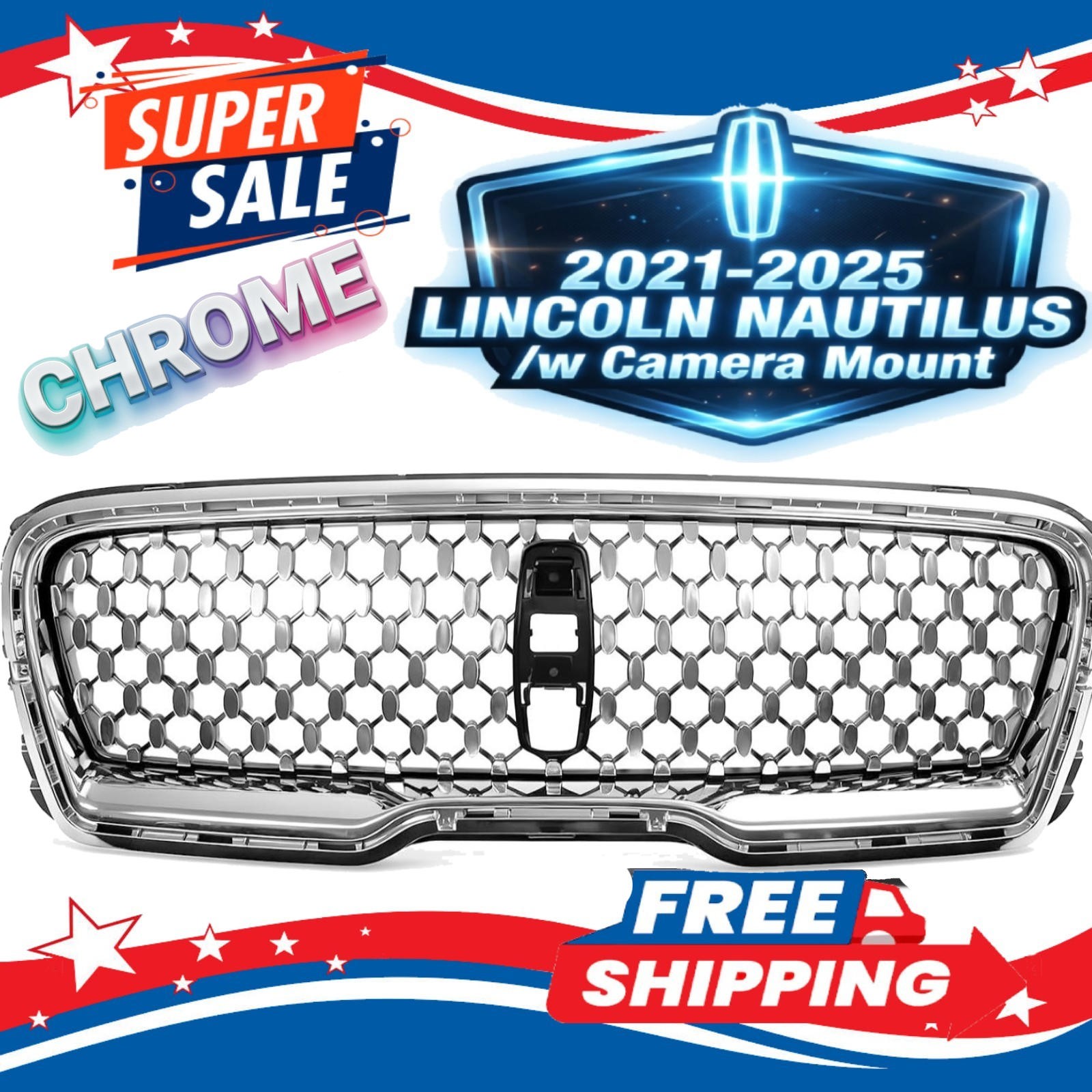 2021 2022 2023 2024 2025 Lincoln Nautilus Front Grille w Camera CHROME ABS