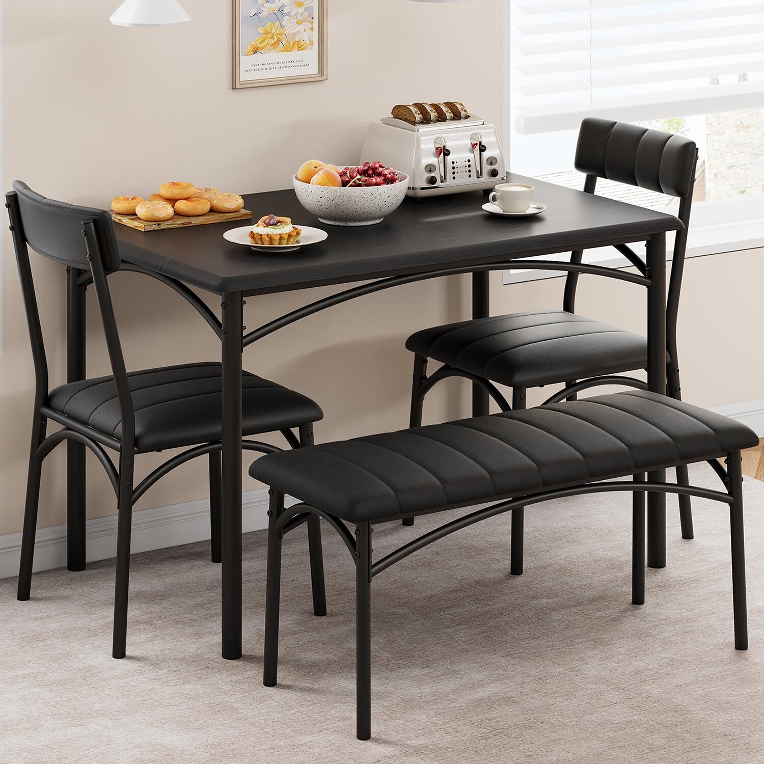 4-Piece Rectangular Dining Room Table Set With 2 Upholstered Chairs and 1 Bench