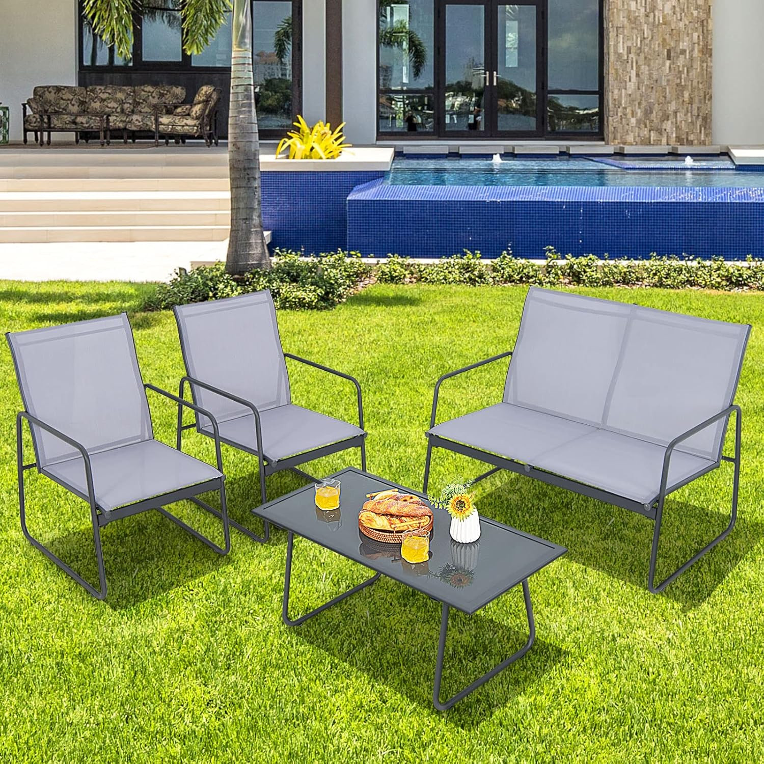 4 Pieces Patio Furniture Set, Outdoor Conversation Set with Tempered Glass Coffe