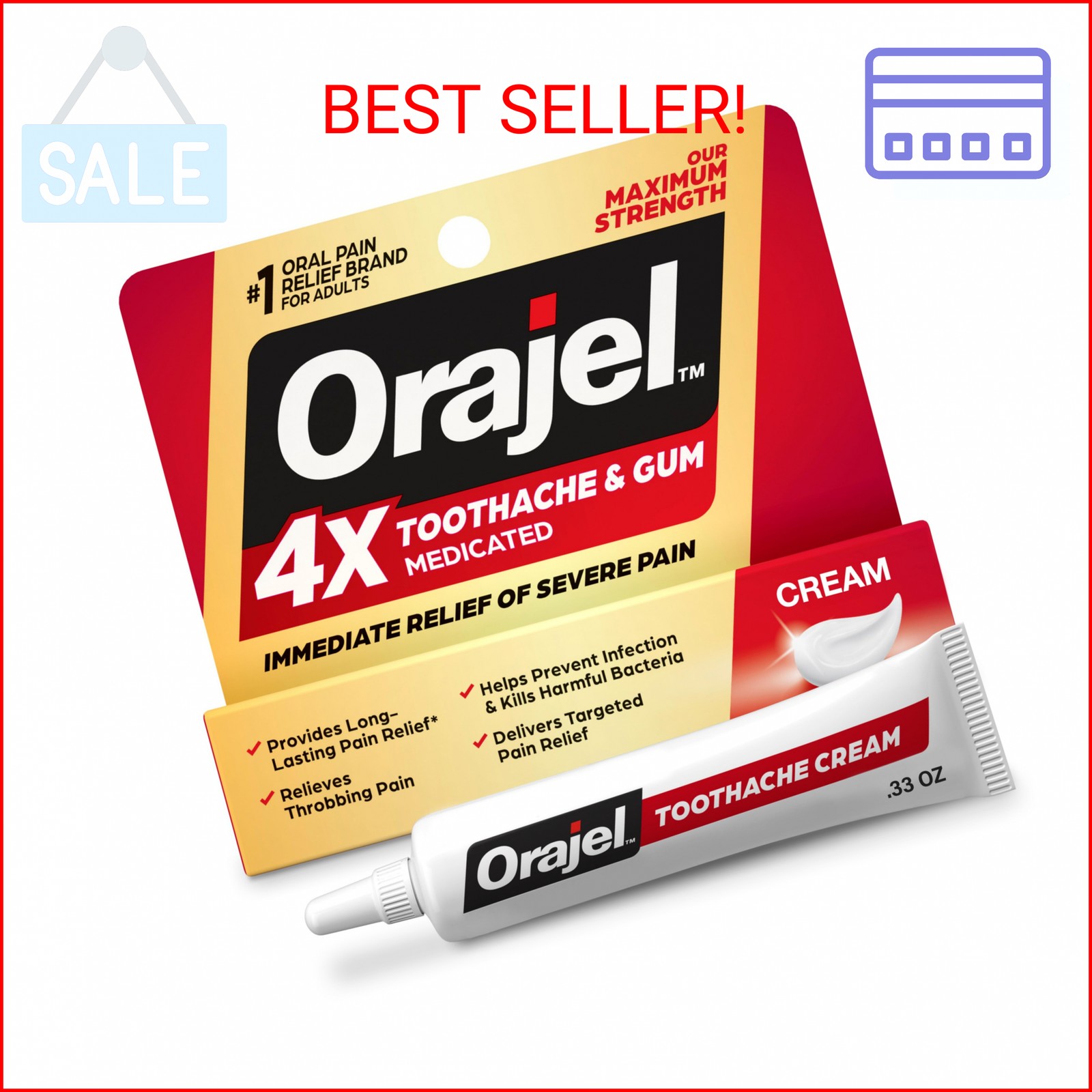 Orajel 4X for Toothache & Gum Pain: Severe Cream Tube 0.33oz- From Oral Pain Rel