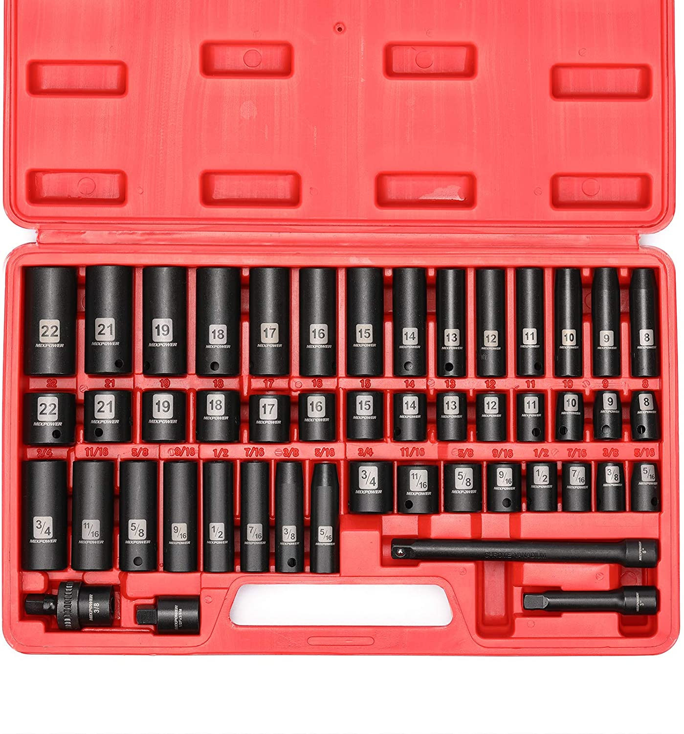 3/8" Drive Deep Impact Socket Set, 6 Point, 48 Piece Standard SAE and Metric Siz