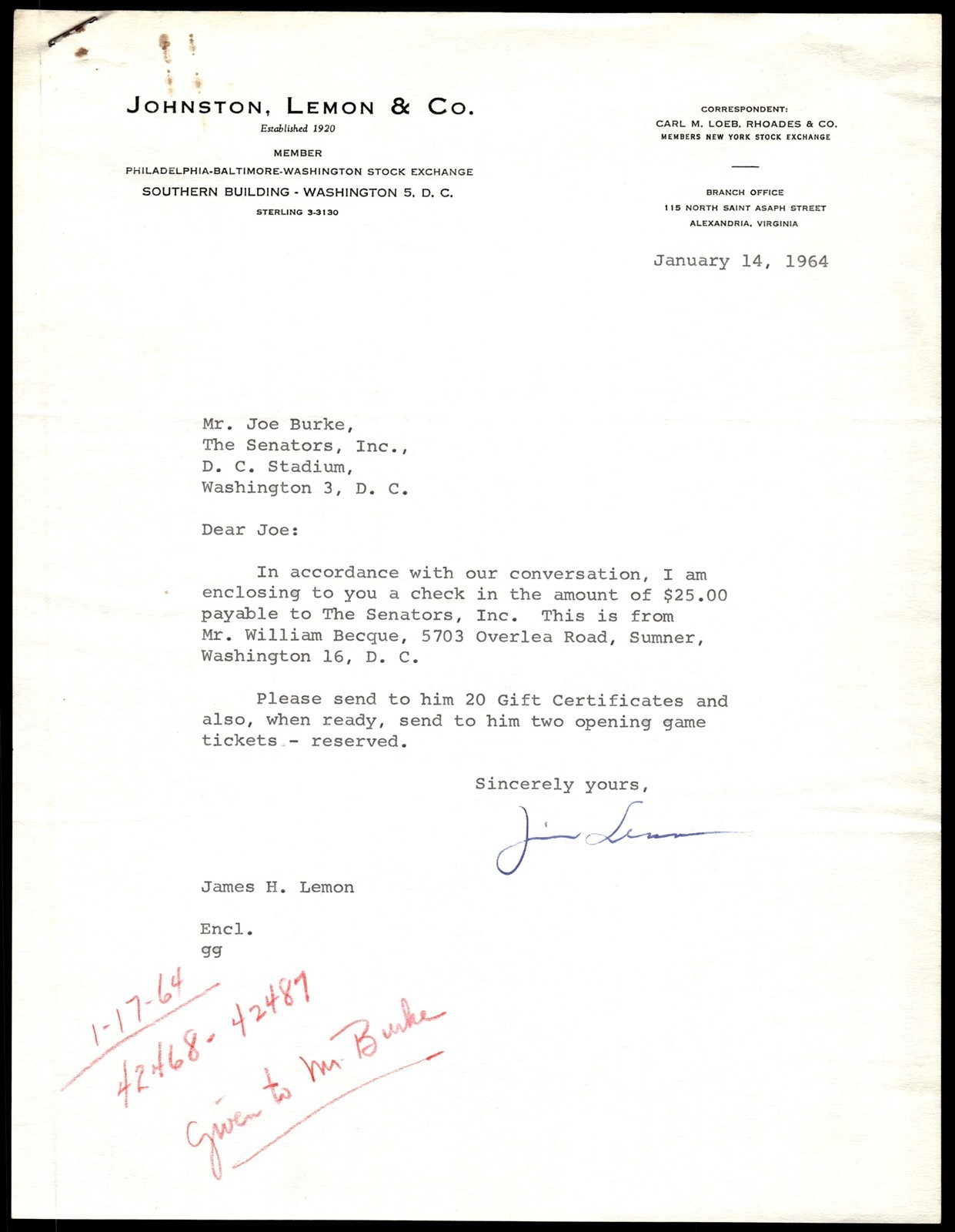 Jim Lemon Stock Exchange Signed 1964 Letter to Joe Burke Senators *CF291