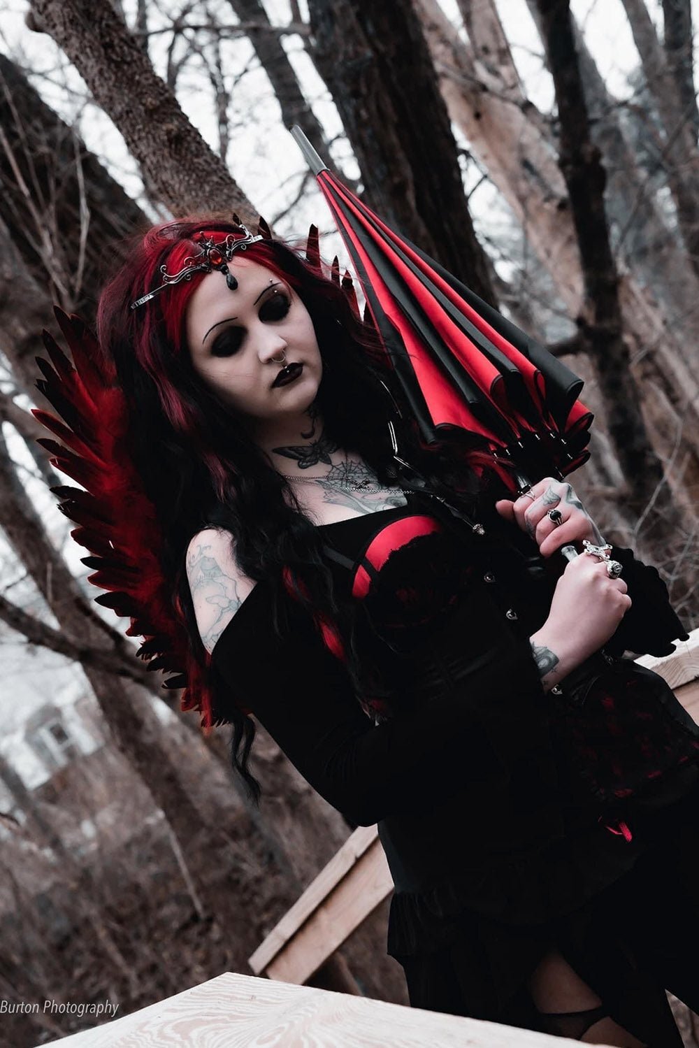 Batwing Pagoda Umbrella [BLACK/RED STRIPED] Goth Emo Fancy