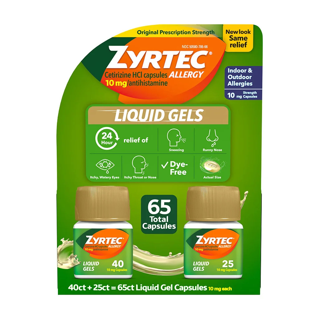 Zyrtec 24 Hour Allergy Relief Antihistamine Cetirizine HCl 10 mg, 65 Liquid Gels