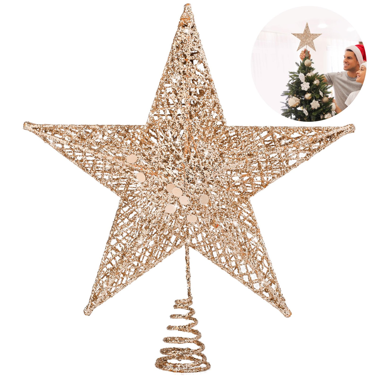 Fovths Christmas Tree Topper 8 Inches Metal Glittered 8 Inches, Rose Gold