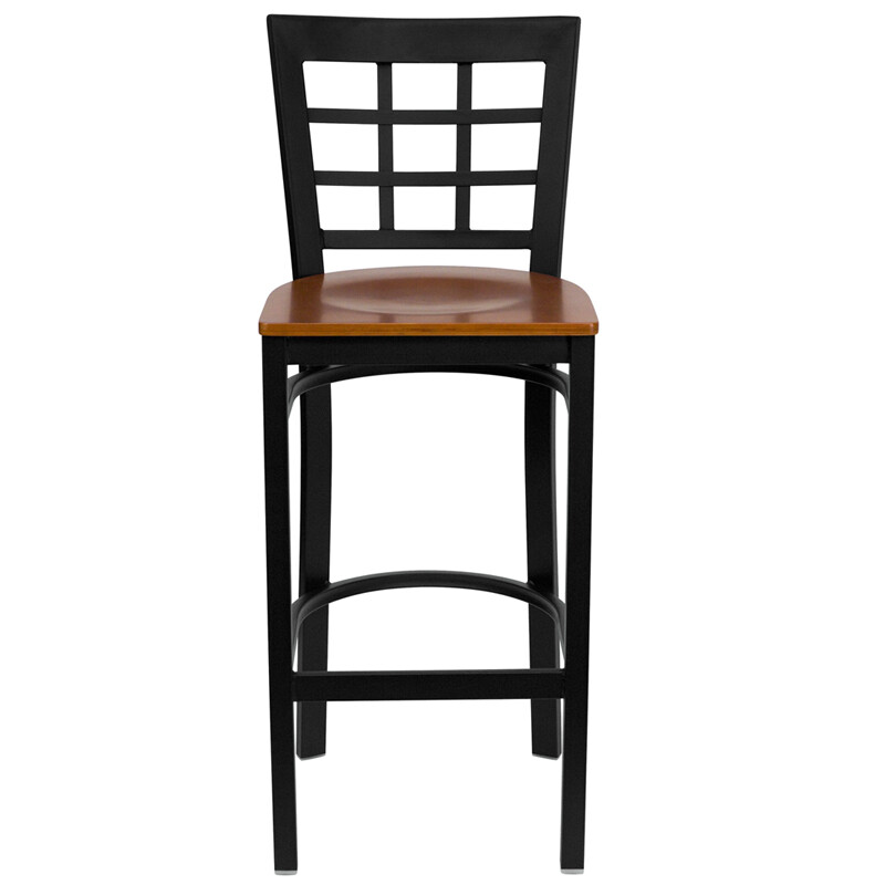 Black Window Back Metal Restaurant Barstool with Cherry Wood Seat