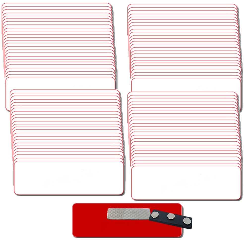 100 BLANK 1 X 3 WHITE / RED NAME BADGE KIT (U) TAGS 1/8" CORNERS MAGNETS LABELS