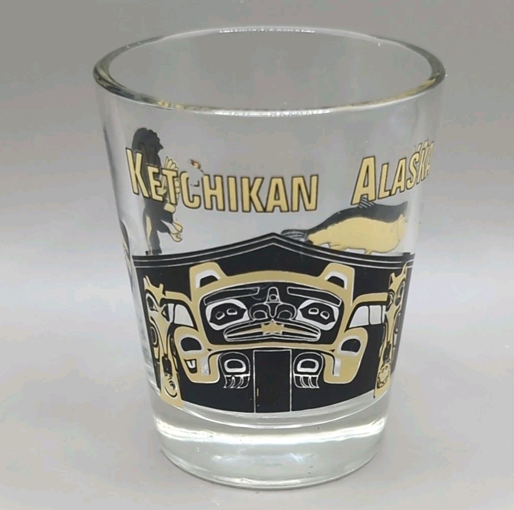 KETCHIKAN, ALASKA AK Shot Glass With Salmon And Eagle Bar Display Collectible