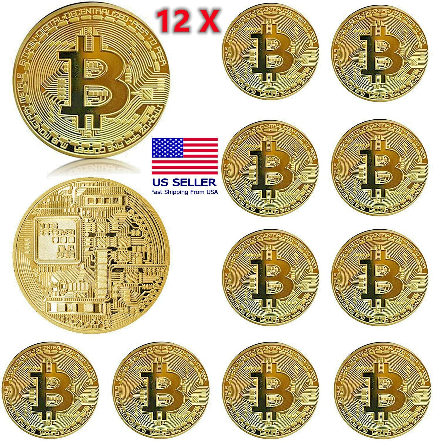 12Pcs Physical Bitcoin Coins Commemorative Collectors Gold Plated BTC Coin New