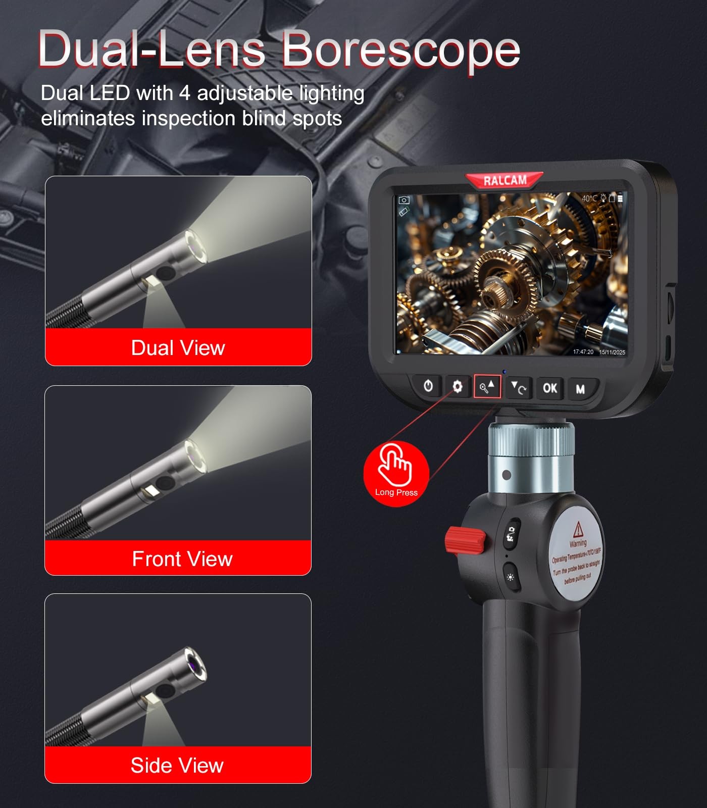 Ralcam Dual Lens Articulating Borescope Camera with Light, Slim Probe