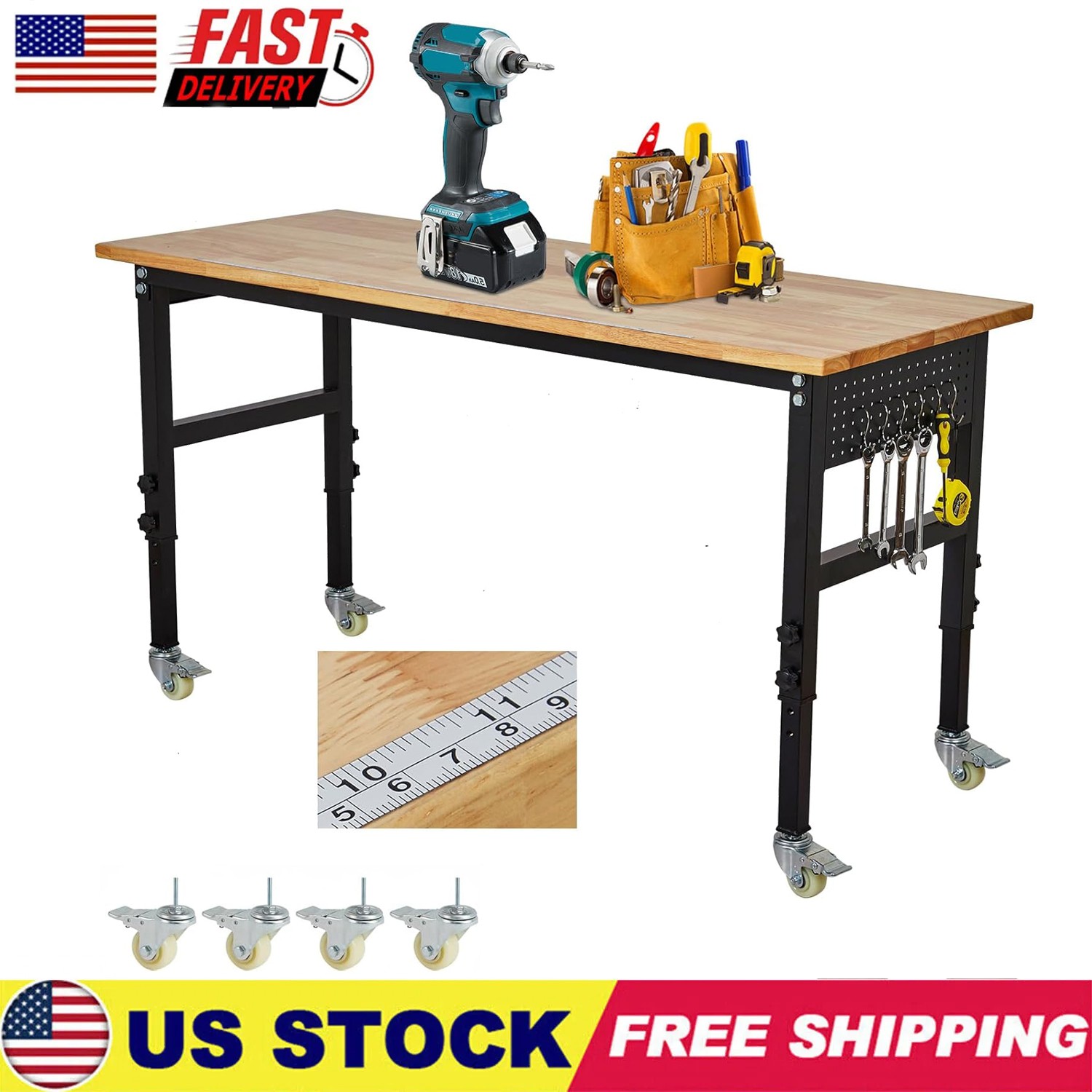48" x 24" Adjustable Workbench with Scale, Pegboard & Hooks, 29.5"-39.4" 2200LBS