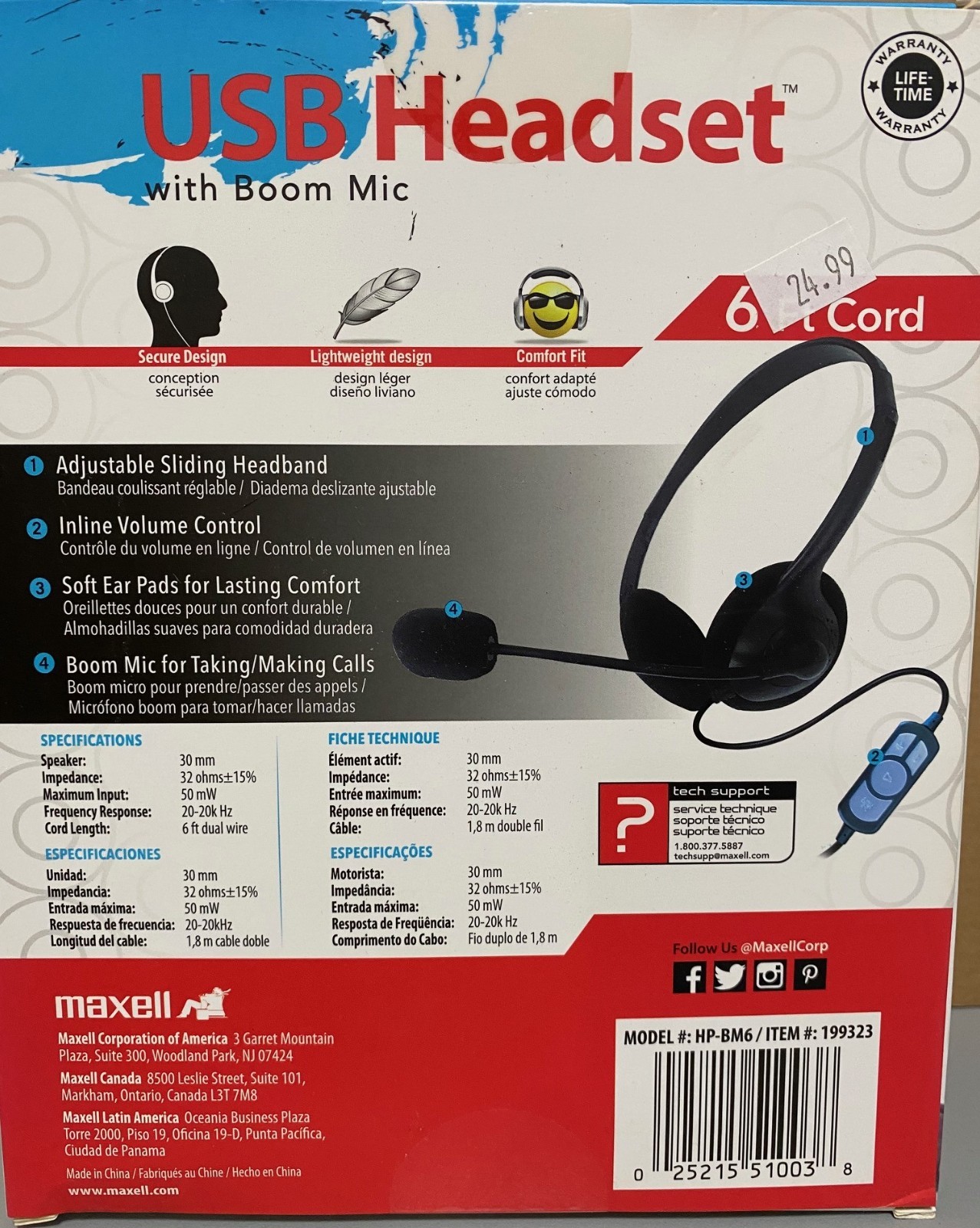 MAXELL USB HEADSET WITH BOOM MIC