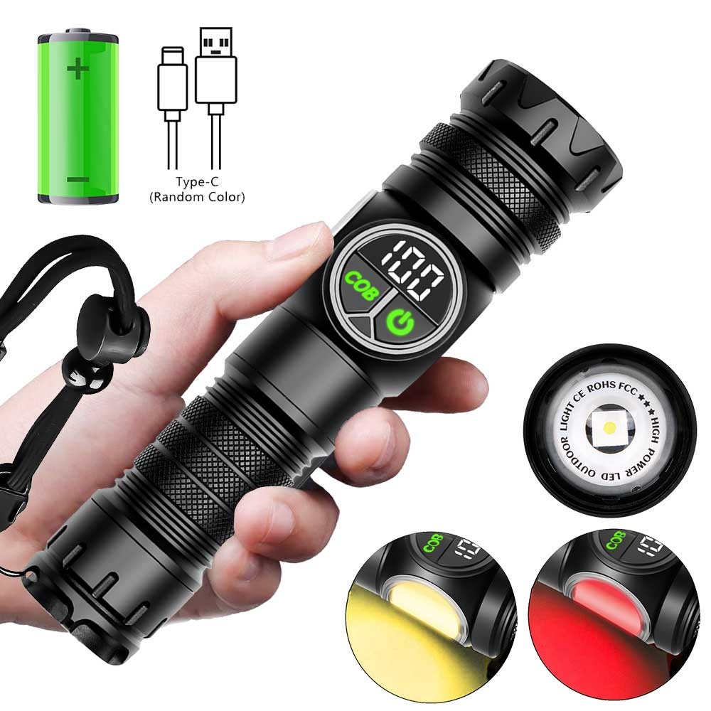 White Laser LEP Flashlight Torch COB Yellow Red Light Zoomable USB Rechargeable