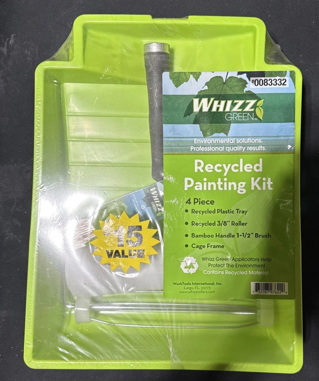 4 Piece Whizz GREEN RECYCLED Paint Roller handle, roller cover , tray, brush B4