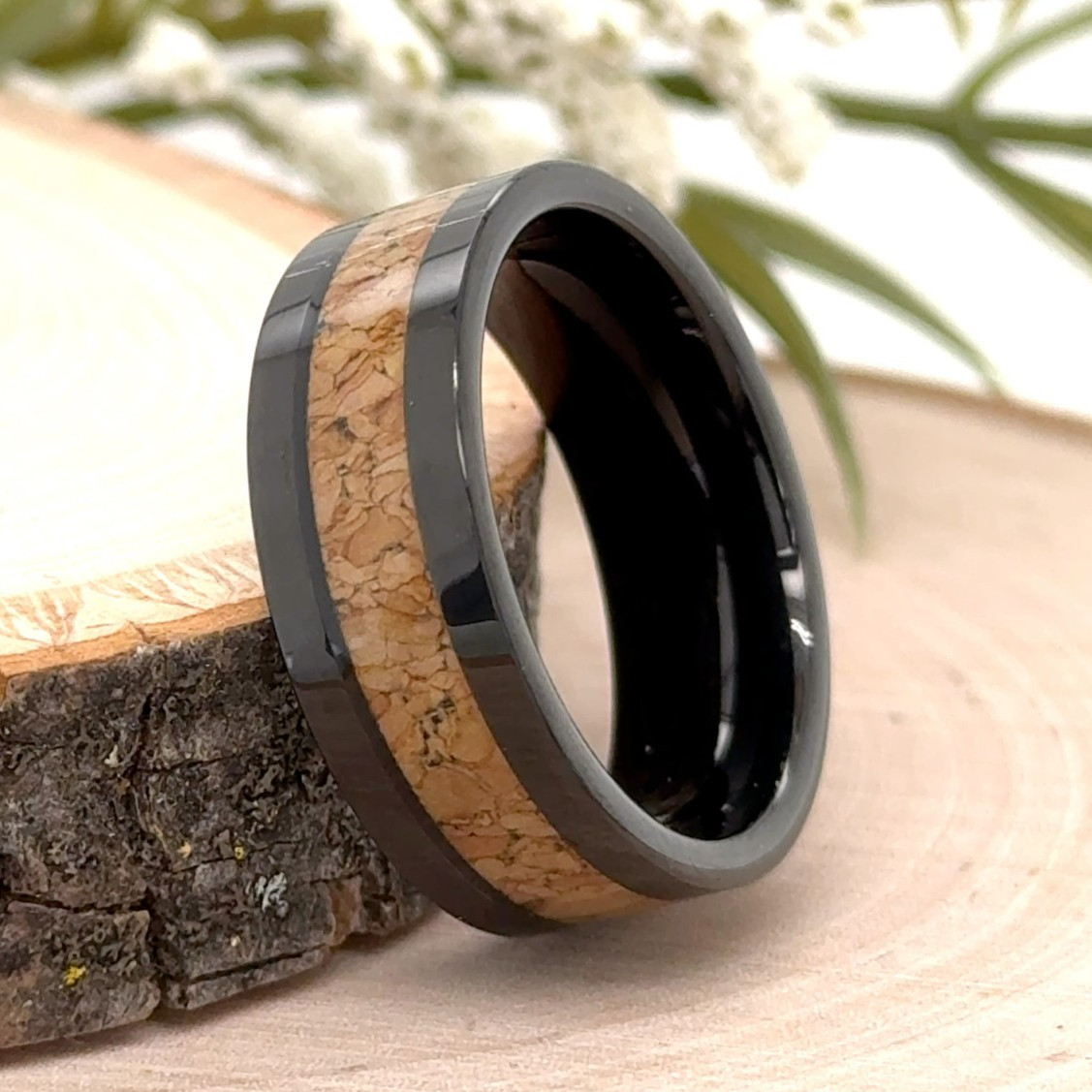 8mm Black Tungsten Christmas Gifts Band Natural Wood Inlay Beveled Edge Ring