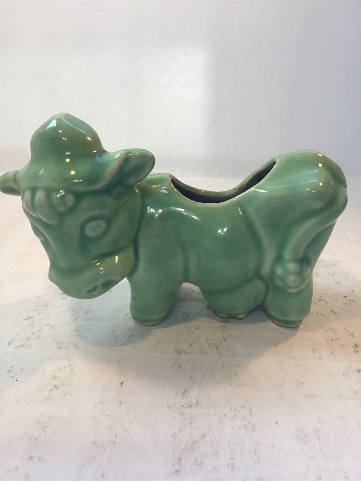Morton Pottery Green Ceramic Dairy Cow Planter Vintage
