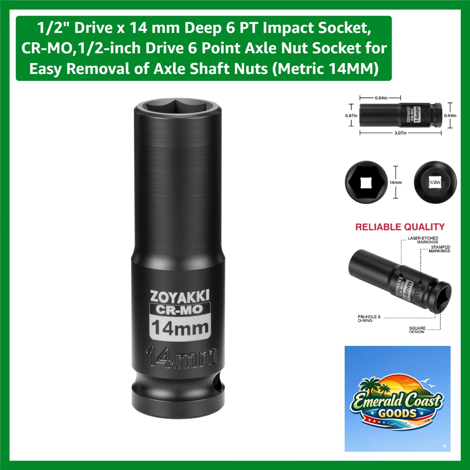 Professional 1/2" Drive 14mm Impact Socket - Durable CR-MO Construction