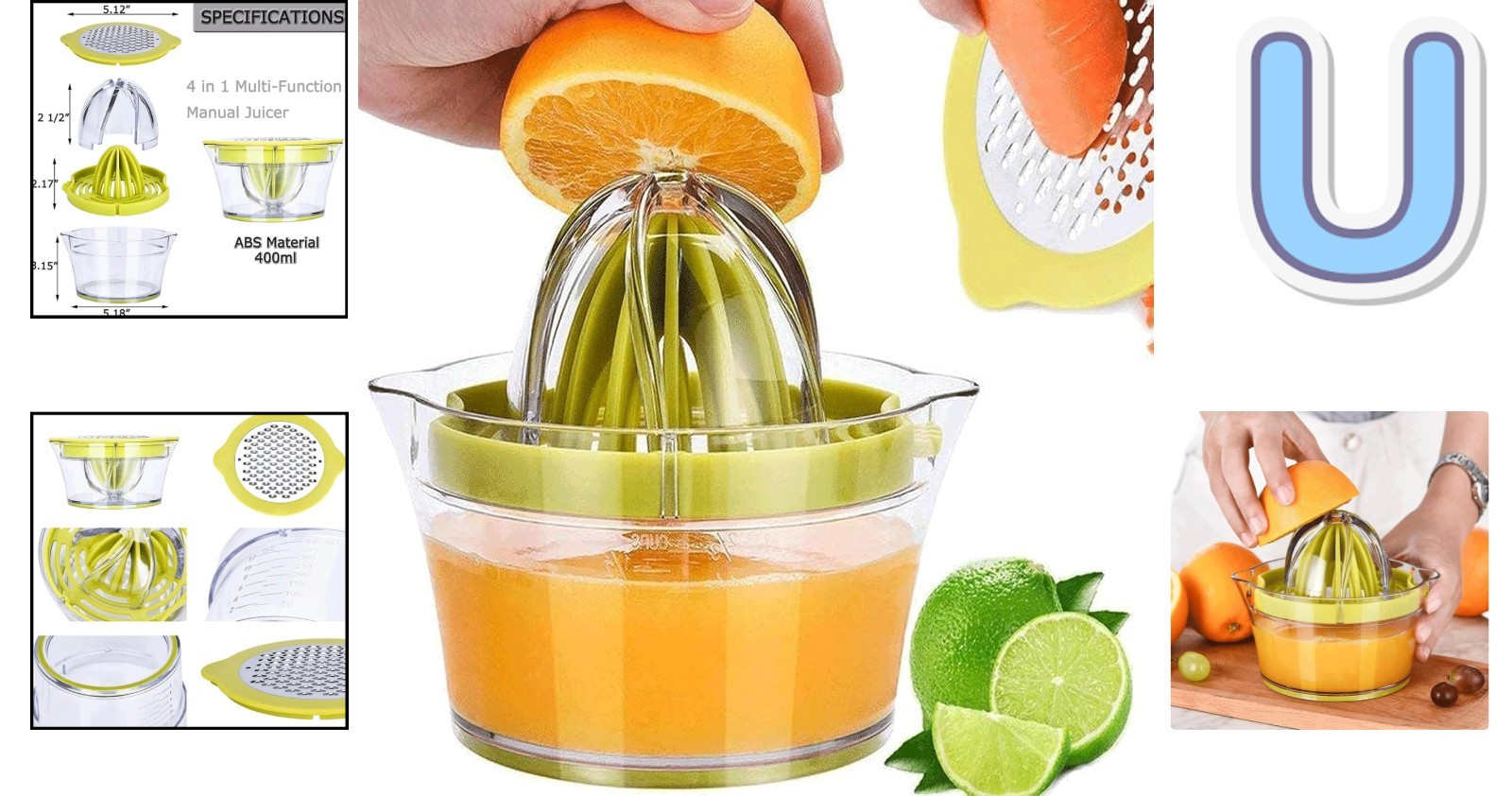 Compact Citrus Juicer with Multi-Reamers and Measuring Cup, Stylish Green Design
