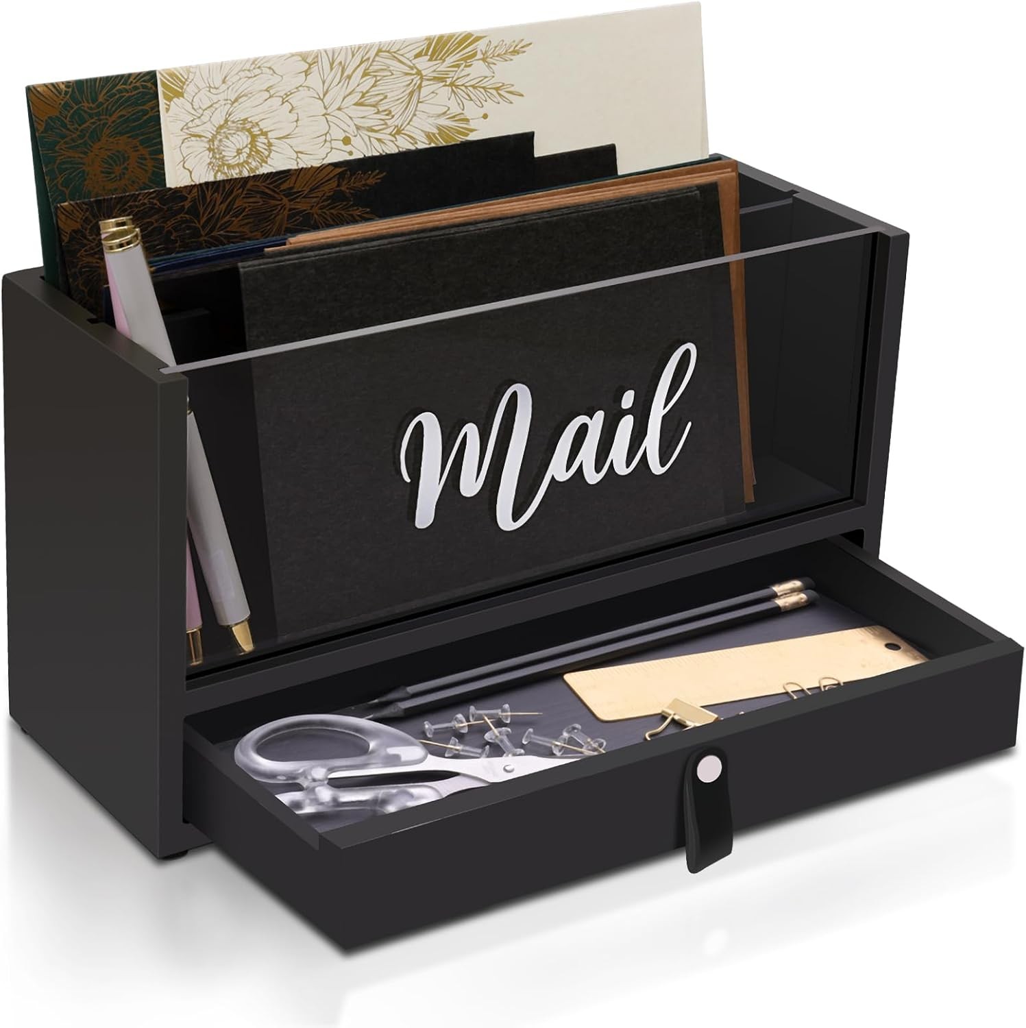 Two-Layer Solid Wooden Mail Storage Organizer Holder W/ Clear Acrylic Top